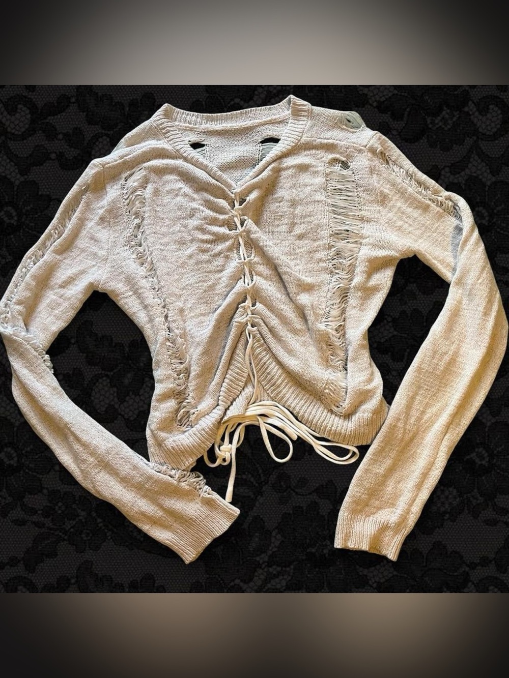 Forever 21 White Distressed Lace-Up Sweater
